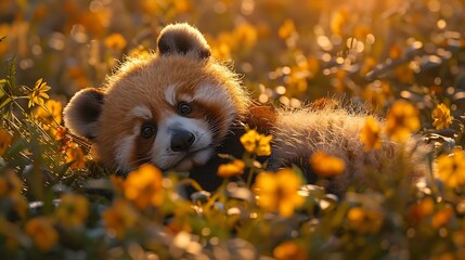 A small panda with large, round eyes and tiny ears, lying on its back with a playful expression, surrounded by blooming flowers and soft grass, the scene is bathed in warm, golden light, hd quality,