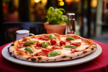 Close up of Italian pizza served on plate in restaurant
