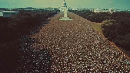 Aerial View of Massive Crowd Gathering at the Washington Monument, USA.