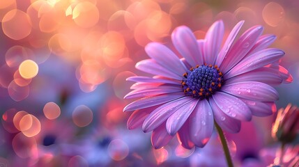 Fototapeta premium A whimsical flower with a cute, smiling face in the center, its petals in shades of pink and purple, set against a bright and colorful background with soft bokeh lights,