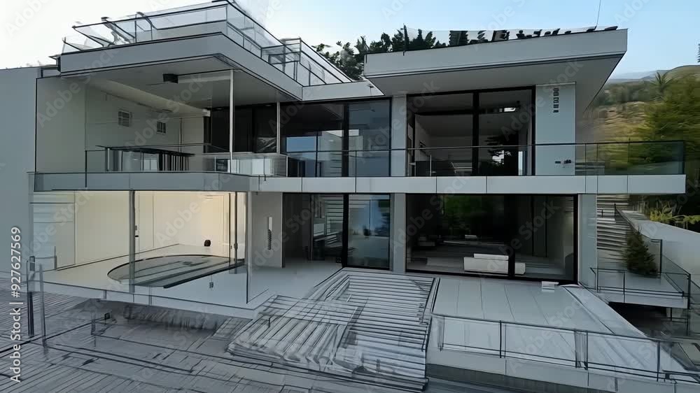 Poster Wireframe rendering of a contemporary house with technical details