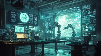 Obraz premium Futuristic Cyber Security Control Room with Robotic Arms and Digital Displays.
