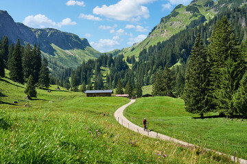 active senior woman riding her electric mountain bike in the spectacular Rappenalpen Valley south...