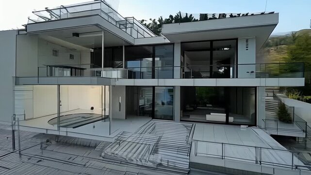 Wireframe rendering of a contemporary house with technical details