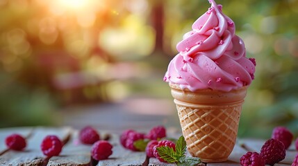 A cheerful ice cream cone with a swirl of pink ice cream, standing on a wooden table with a summery background of a park, the cone has a playful expression,