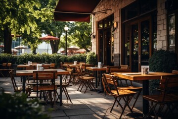 Fototapeta premium Exterior with wooden tables of a outdoor restaurant