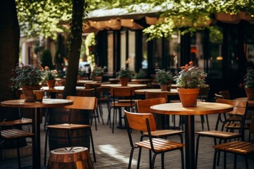 Exterior with wooden tables of a outdoor restaurant