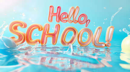 "Hello, school!" The text is made in a three-dimensional font with warm backlight and space for copying