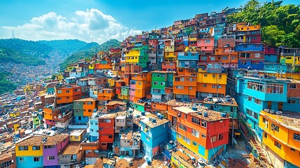 An aerial view of the colorful favelas in Rio de Janeiro, with tightly packed houses creating a vibrant mosaic of colors and patterns across the hillside