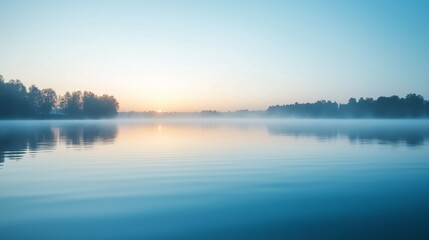 Tranquil sunrise over a misty lake with a silhouette of trees on the horizon.