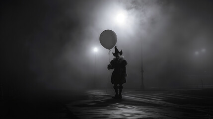 Black and White Creepy Clown with Red Balloon, Foggy Night Horror, Sinister Mood