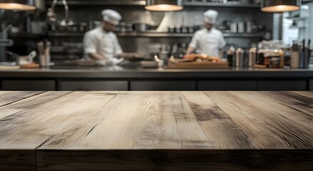 Restaurant kitchen with empty wooden table top and a busy chef working in restaurant kitchen on Blurred background. For product display montage