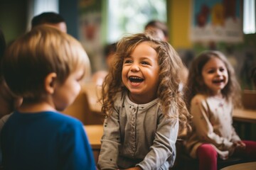 Fototapeta premium Group of smiling toddlers playing inside a kindergarten