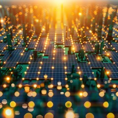 Fototapeta premium A futuristic cityscape concept featuring interconnected microchips with glowing lights, symbolizing advanced technology and innovation.
