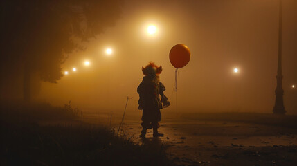 Creepy Clown with Red Balloon in Foggy Night Park, Halloween Horror, Eerie Mood