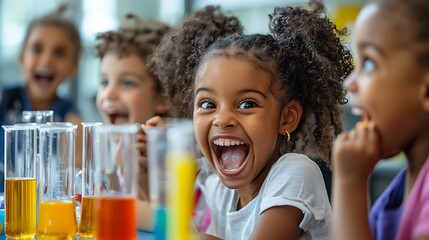 A diverse group of children excitedly conducting experiments in a science lab, their curiosity and enthusiasm filling the room with energy