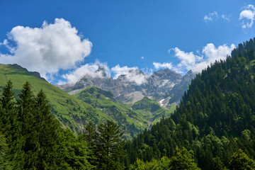 Fototapeta premium spectacular view on the Allgaeu High Alps with Trettach Spitze and Maedelegabel in the Rappenalpen Valley south of Oberstdorf, Bavaria, Germany