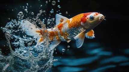 Koi fish jumping out of the water, fresh and dynamic, dark background