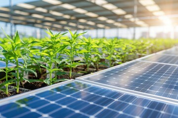 Modern greenhouse with solar panels and green plants. Sustainable agriculture concept with renewable energy integration.