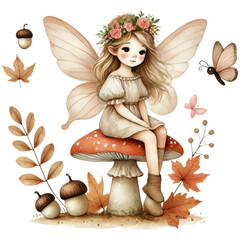 Autumn fairy girl sitting on a mushroom surrounded by leaves, acorns, and butterflies. Watercolor isolated on transparent background.