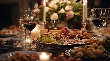 Close-up of a dinner party spread with elegant dishware, wine, and beautifully arranged food, set against a backdrop of soft lighting and laughter.