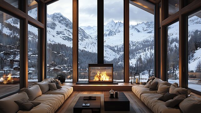 A cozy winter chalet interior, with a roaring fireplace and large windows offering a stunning view of the snow-covered mountains outside