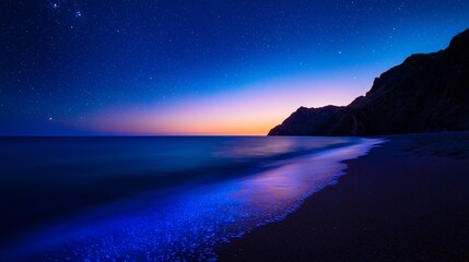 A starry night sky over a dark blue ocean with a sandy beach and a mountain in the background.