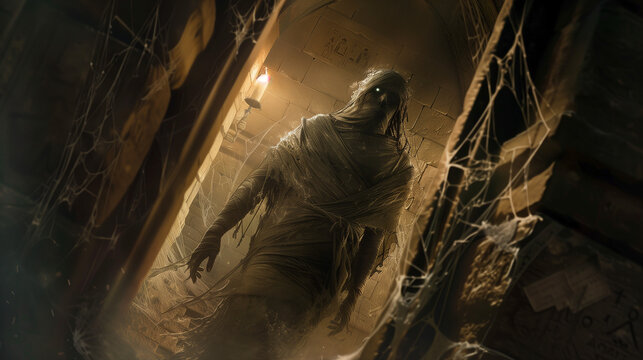 Mummy Emerging from Ancient Tomb, Halloween Horror, Eerie and Sinister Atmosphere