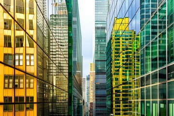 Fototapeta premium Close-up of a tall skyscraper in New York City, a glass building with yellow and green reflections, surround with buildings, cityscape background, evening light