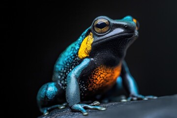 Photo of a colourful frog isolated against a black background, emphasising the frog's majestic features. Wildlife and conservation concept, space for copy.