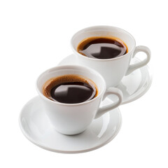 Two White Cups of Espresso Coffee on Matching Saucers.