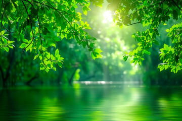 Sunlight streams through lush green leaves over a serene water body creating a peaceful atmosphere of growth and renewal