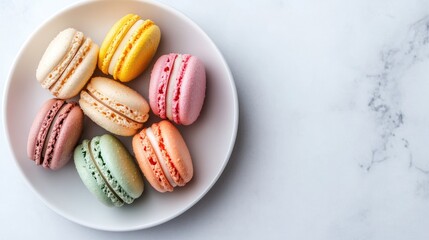 Fototapeta premium Elegant plate of colorful macarons, beautifully arranged with a minimalist, artistic touch.