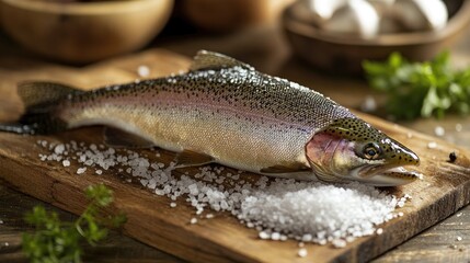 Fresh rainbow trout with kosher salt, styled simply on a wooden surface, highlighting natural textures.