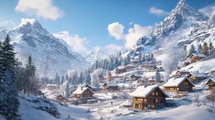 Fototapeta premium Cozy Wooden Cabins Nestled in a Snowy Mountain Valley - Winter Wonderland Landscape.