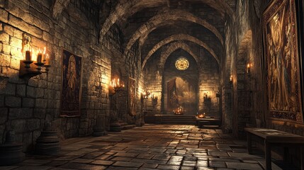 Medieval Stone Hallway With Tapestries, Candles and Cobblestone Floor - 3D Render