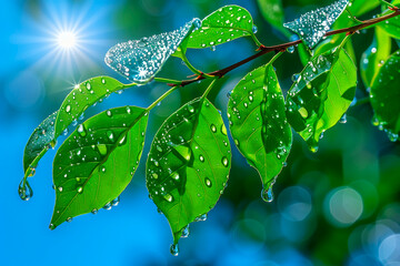 Fresh leaves glistening with dew in the morning sunlight symbolize growth and renewal