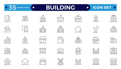 Building web icons in line style. Hotel, hospital, apartment, city, town house, mall, coffee, collection. Editable stroke outline icon. 