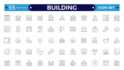 Building web icons in line style. Hotel, hospital, apartment, city, town house, mall, coffee, collection. Editable stroke outline icon. 