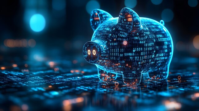 blue digital piggy bank with a stream of binary code AI in financial management systems, budgeting apps, investment platforms, and personalized savings strategies