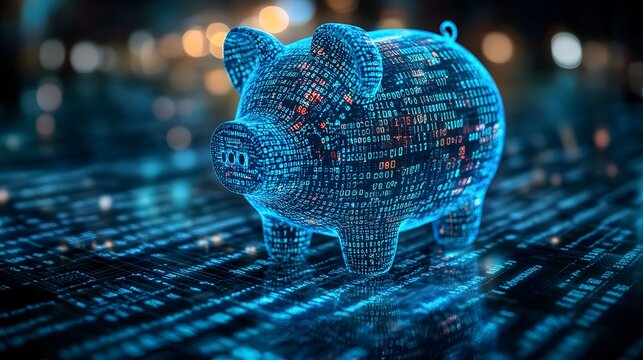 blue digital piggy bank with a stream of binary code AI in financial management systems, budgeting apps, investment platforms, and personalized savings strategies