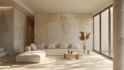 Minimalist living room featuring neutral tones, natural textures, and abundant natural light