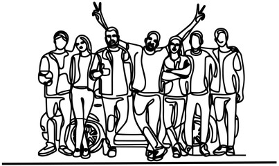 Single continuous line drawing about group of men and woman from multi ethnic standing in front of car to show their friendship bonding. single line art vector illustration