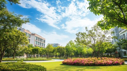 Obraz premium Campus, new semester, beautiful campus, campus environment, full of vitality, campus background, display campus, beautiful scenery, green trees, flowers, teaching buildings, sports grounds, convey, fu