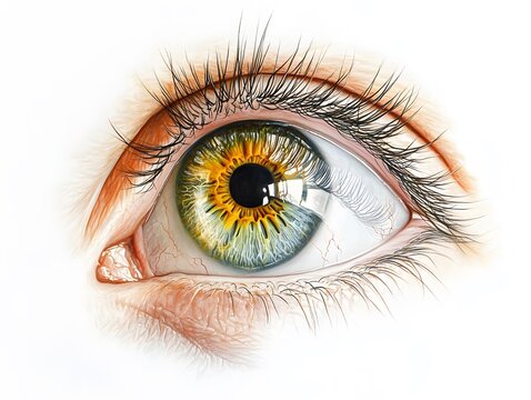 recommend clip art: A close-up of a realistic drawing of a green eye with a detailed iris and eyelashes.