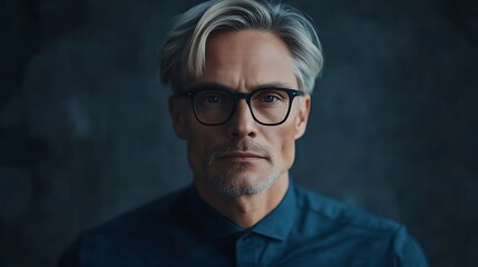 Obraz premium A distinguished middle-aged Caucasian man with silver hair and glasses, exuding a thoughtful demeanor against a dark background, dressed in a smart collared shirt.