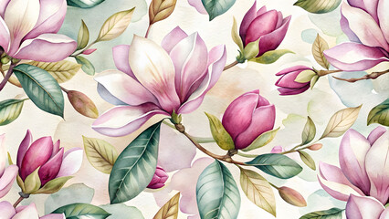 Watercolor seamless pattern with magnolia flowers. Hand-drawn floral background. Beautiful seamless pattern with hand-drawn watercolor gentle white and pink magnolia flowers.