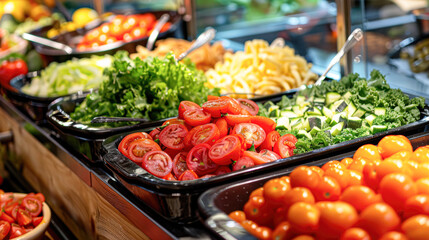 Obraz premium A variety of vegetables are displayed in a buffet line, including tomatoes