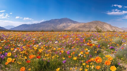 Vibrant Wildflowers Blooming in a Desert Valley with Mountain Range in the Background.