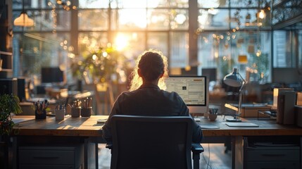 A person is sitting at a desk in an office but the background fades into a home environment creating a blurred transition between work and personal life. The scene symbolizes the overlap of